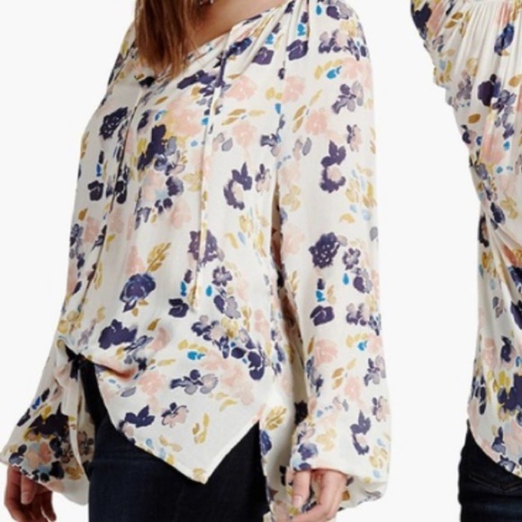 Lucky Brand White & Multicolor Floral-Print Peasant Tie Neck Crepe Blouse - Picture 5 of 16